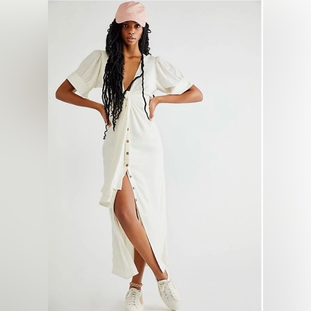 New Free People Vintage Summer Midi Dress Button Down Sleeve Ivory Cream White